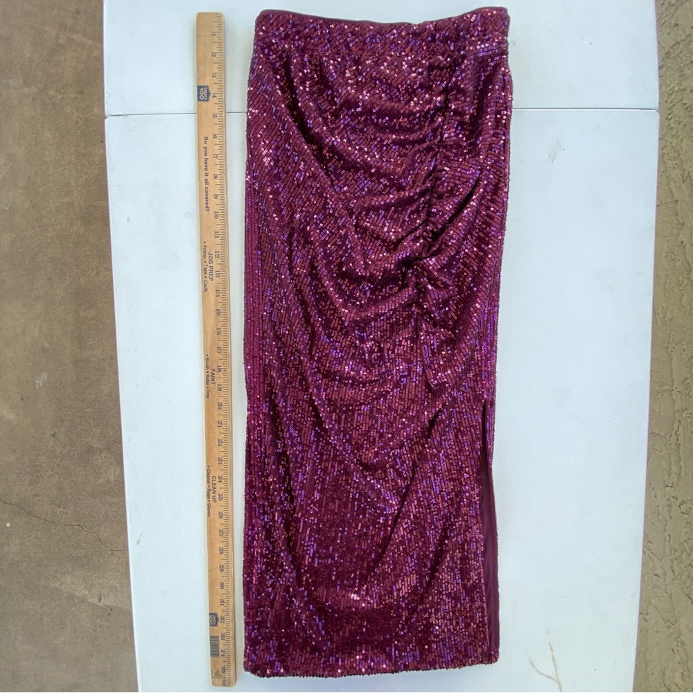 NWOT Red Sequin Skirt Burgundy Ruched Pencil Maxi Size S Small